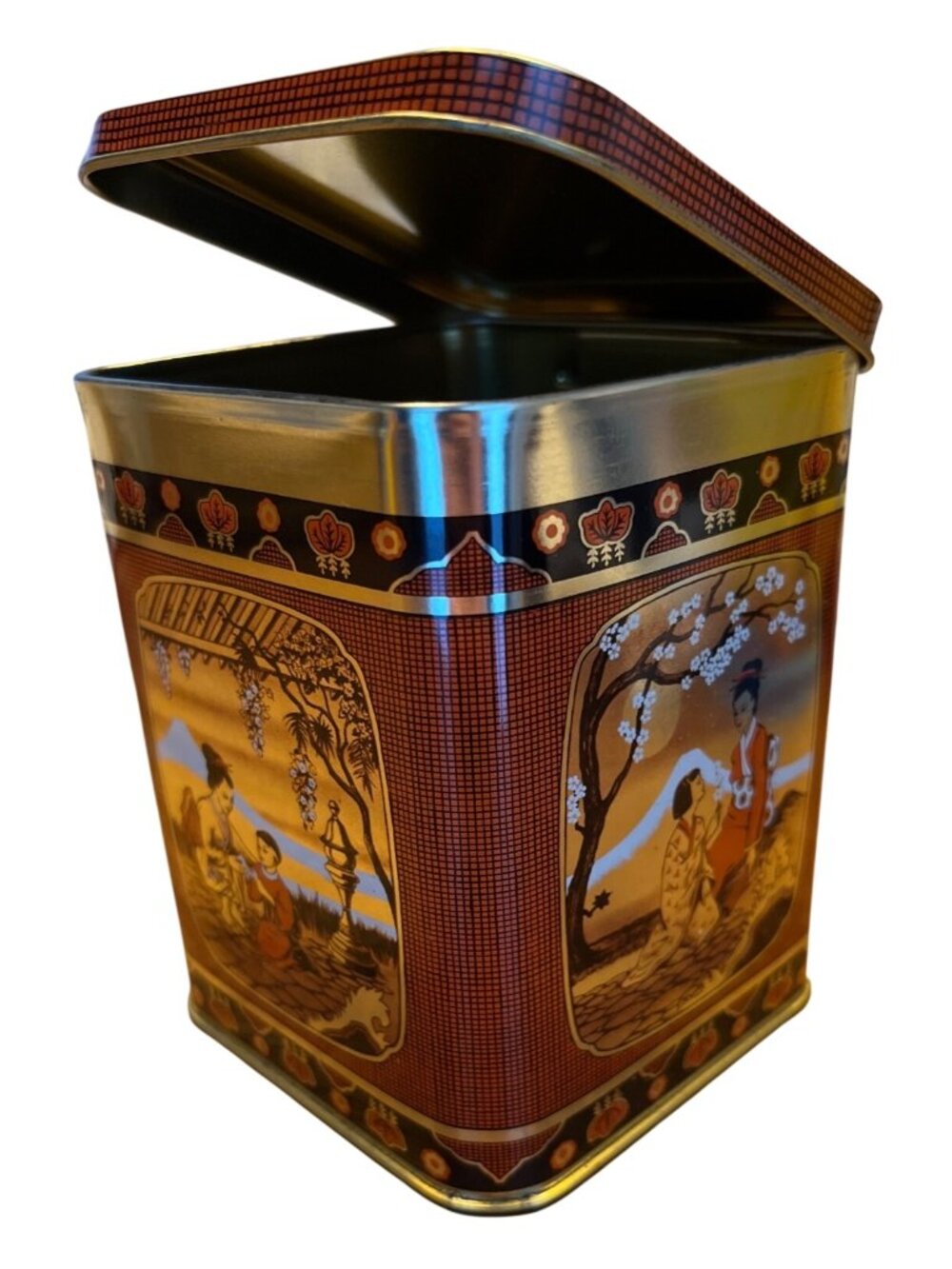 Vtg British Biscuit Tin Asian-Inspired Scenes Made In England